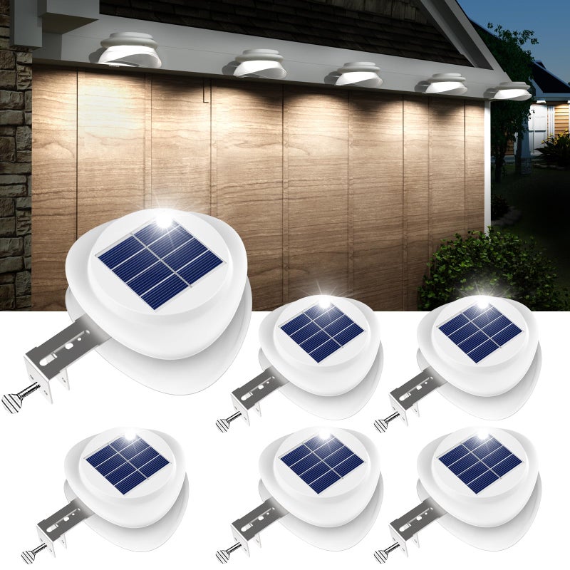 ROSHWEY Gutter Lights Solar Powered, 6 Pack Solar Patio Decor Lights with 9 LED Waterproof Fence Light for Eaves Garage Garden Landscape Pathway (Cool White) - Image 1